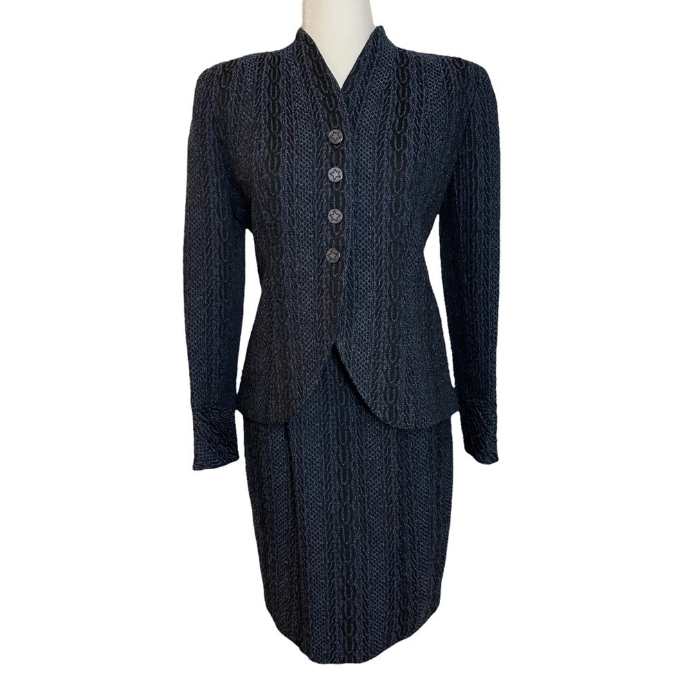 Vintage Doncaster Blue and Black Raised Pattern Blazer and Skirt Set Sz.4P